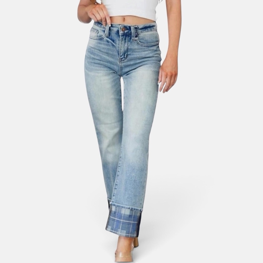 Judy Blue Miranda High Rise Straight Stretch Jeans Full Length Plaid Cuff 3/26